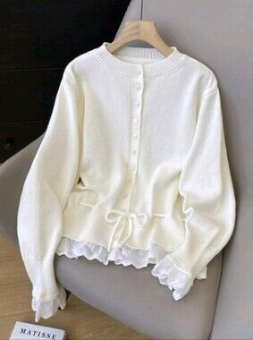 Cream Yellow Drawstring Knit Cardigan - Autumn/Winter Round Neck Button Lace